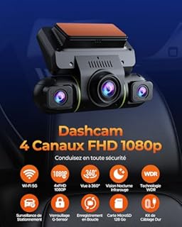 Volam 360° 4 Canaux Dashcam Voiture Avant Arriere, Écran 3.16" & 5GHz WiFi App Contrôle Caméra Embarquée Voiture avec Carte SD 128G, Vision Nocturne IR, 24H Parking Monitor avec Kit de Câblage Incluse