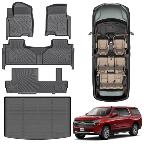 Image of TPE Automotive Floor Mats & Cargo Liner Custom for 2021-2025 Chevy Suburban 8 Seats, All Weather Cover Protection Waterproof Black Liner Front & Rear Row Full Set Car Mats for 21-25 GMC Yukon XL, 5PCS