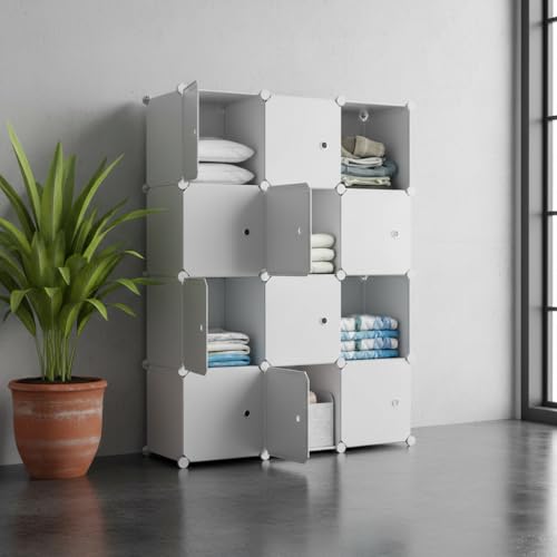 Image of KRISHYAM Kids Modular Storage Cabinet with White Doors,12 Cube Plastic Wardrobe Organizer, DIY Closet System with Hanging Rod, Toy & Clothes Storage (White, 12 Box)