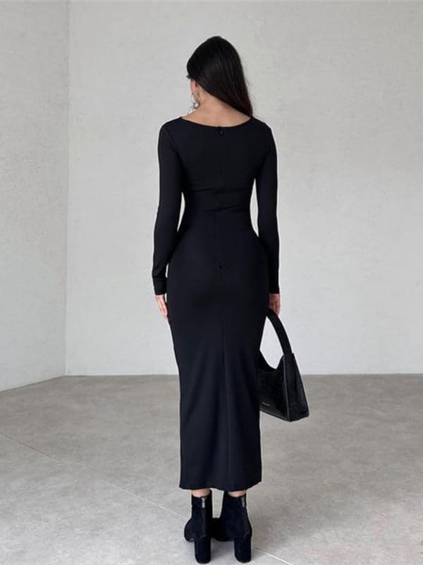 Haibanng Damen Langarm Maxikleid Figurbetontes Kleid Bodycon Elegante Kleider Sexy Rüschen Langarmkleid mit Stehkragen Vintage Freizeitkleid Stretch Abendkleid Partykleid Clubkleid Cocktailkleid