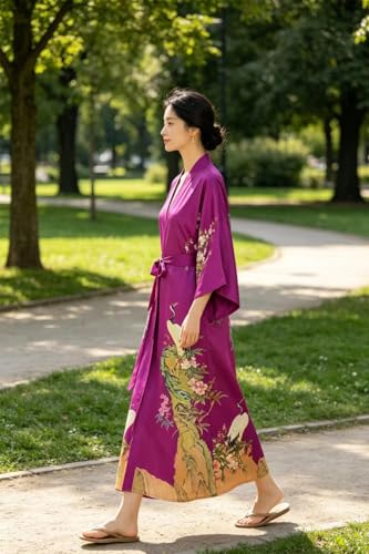 Image of Women's Classic 100% Silk Kimono Robe, Bathrobe-Printed Pattern