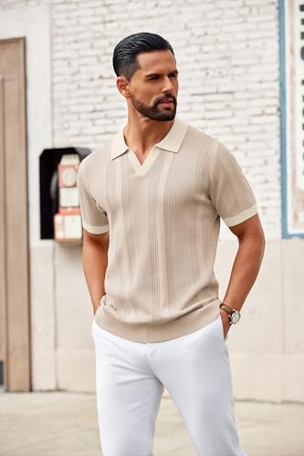Image of COOFANDY Mens Knit Polo Shirts V Neck Textured Polo Shirts Short Sleeve Breathable Polo Casual Collared T Shirt Fashion Tops