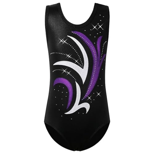 XIUsheUA Maillot de Danza Leotardo de Gimnasia de Diamante for niñas, Mono Degradado, Ropa de actuación sin Mangas, Traje de práctica, Trajes de Ballet Maillot Danza Mujer(Purple Black,6A)
