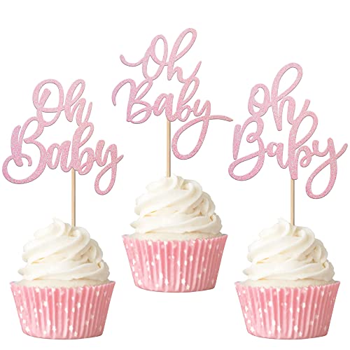 Rsstarxi 24 Pack Oh Baby Cupcake Toppers Pink Glitter Baby Shower Gender Reveal Cupcake Picks for Boy or Girl Theme Baby Shower Kids Birthday Party Cake Decorations