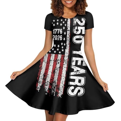 Image of POLERO Women Puffy Swing Elegant Party Midi Dresses Short Sleeve Round Neck A-Line Dress