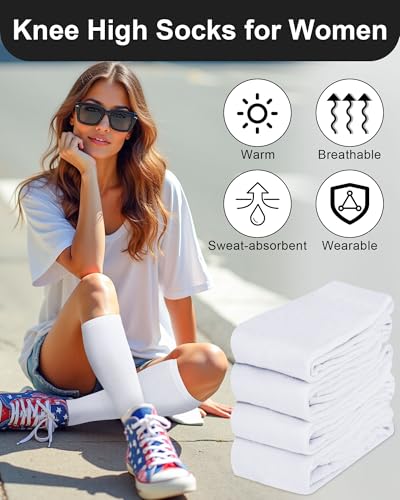 Senker Fashion Knee High Socks for Women, Cotton White Long Tube Sock Black Stockings Striped for Boot Outdoor Sport4