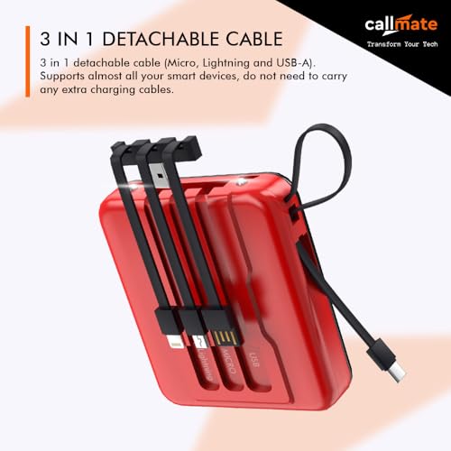 Image of Callmate 10000mAh Power Bank, 15W Fast Charging| Buit-in 3-in-1 Cables | 4 Output Ports and 2 Input | Digital Display | LED Torch| for iPhone, Smartphones & Other Devices (Red, Lithium Polymer)