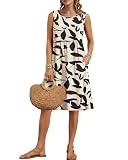 AUSELILY Summer Knee Length Dress Women A Line Sleeveless Loose Sundress Crew Neck Floral Vacation Beach Dress with Pockets 2026 New Black Leaf Apricot M