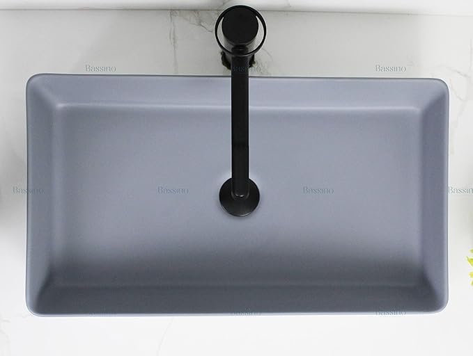 Image of BASSINO 24x14x5 Inches Ceramic Counter Top Wash Basin /1 Year Warranty /White & Grey Basin for Bathroom /Rectangular Shape Tabletop Washbasin for Restaurant /Dining Hall /Living Room /Home(Glossy)