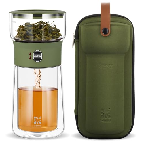 ZENS Modern Glass Infuser Teapot, Smart One Touch Tea Maker for Loose Tea Diffusers with Insulated Mug and Portable Case, Enchanted Teapot Alternatives for Tea Lover Gifts