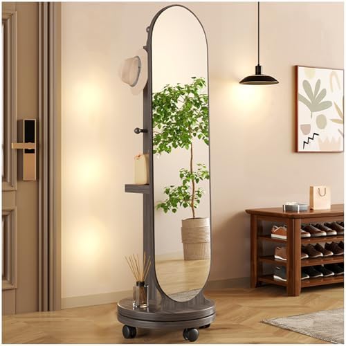 Espejo giratorio de longitud completa con perchero y estante, solución de vestidor que ahorra espacio para dormitorio y sala de estar