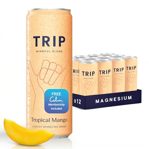 TRIP Lightly Sparkling Adaptogen Drink, Non Alcoholic Drink with Magnesium, Ashwagandha, Lions Mane & L Theanine, No Added Sugar Mocktail, Vegan, Tropical Mango, 12 Oz, 12Pk
