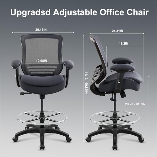 Image of 400lbs Office Drafting Chair Wide Dual Seat Cushion Height Adjustable Armrest for High Standing Desk with Lumbar Support and Enlarged Adjustable Footrest (Black Frame Gray Fabric)