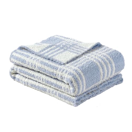 Image of CREVENT 30 inchX40 inch Cozy Soft Warm Knitted Baby Blanket for Girls Boys, Newborn Essentials for Infant, Baby Shower Receiving Gift - Line Checked Blue 75X100cm