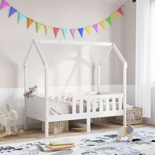 HaoChrymec Cama Infantil con Forma de Casita, de Madera de Pino Macizo, Diseño con Barandillas de Seguridad, Cama Infantil Ideal para Habitaciones Infantiles y Juveniles, Color Blanco, 70x140 cm