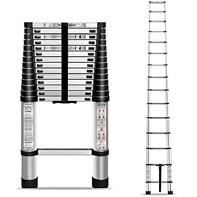 HOSTIC 14.5 FT Telescoping Ladder 330 lbs Capacity Heavy Duty Aluminum Extendable Ladder Collapsible Locking Mechanism for Attic Household Use Outdoor Work