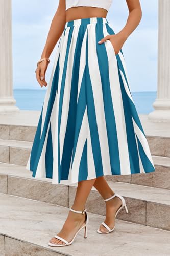 Image of Cicy Bell Womens Summer Striped Maxi Skirts A-Line Beach Vacation Outfits | Elastic Waist, Side Pockets, Flowy, Midi Length, Color Contrast, Trendy Casual