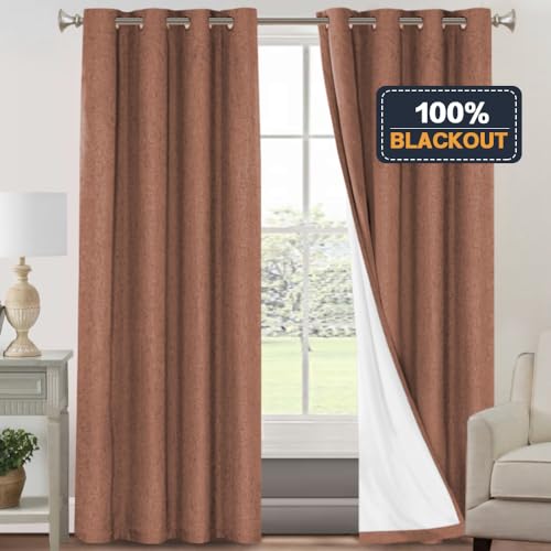 Image of PrinceDeco Blackout Curtains for Bedroom 96 Inches Long Linen Look Curtains for Living Room Black Out Curtains Room Darkening Thermal Curtains with White Liner Backing for Nursery Decor,Washed Spice
