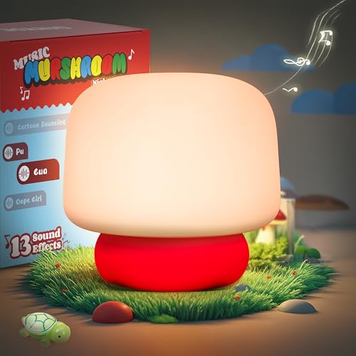 UNEEDE Mushroom Night Light for Kids with 13 Sound Effects Cute Mushroom Decor, Squishy Nursery Lamp with Timer,Christmas Birthday Gift