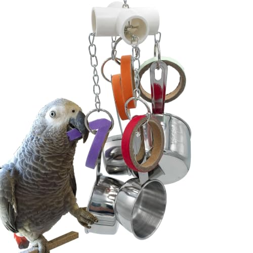 GILYGI Durable Bird Parrots Pots and Bagel Toys, Pullable Stainless Steel Cup and Cardboard Ring Toys for Amazons Mini Macaws African Greys Cockatoos Eclectus