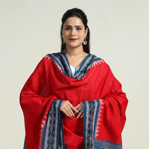 Image of Cotton Dupatta with weaving and Ikat woven border from the Weavers Stole for Girls & Women