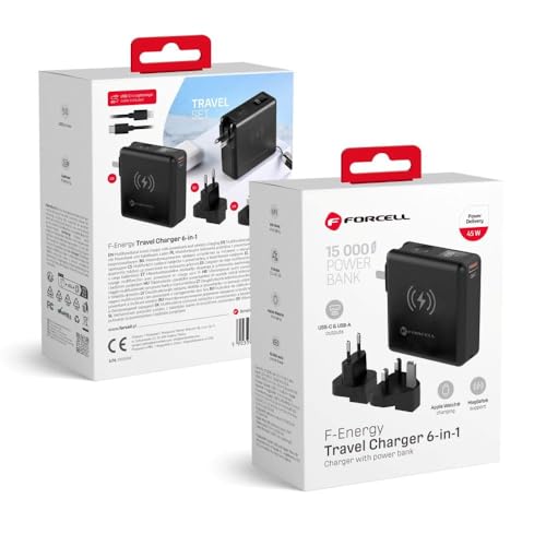 Forcell F-Energy 6in1 Chargeur de Voyage 45W USB-C USB-A - Powerbank 15000mAh - Recharge sans fil 15W PD QC 3.0 - EU UK US Plugs, Écran LCD