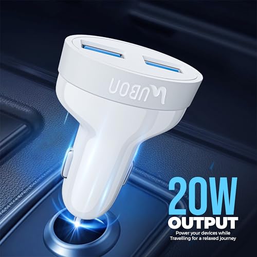 Image of Ubon CH85 20W Dual USB Car Charger with Micro USB Cable | Fast Charging Car Adapter | Overheat & Overvoltage Protection | Compact & Durable Design | Compatible with All Smartphones & Devices (White)