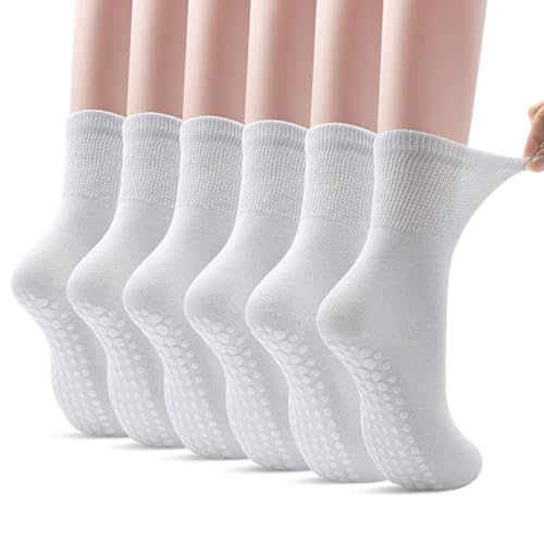 DECOVICI Non-Slip Yoga Socks for Women 6 Pairs, Non-binding Pilates Socks with Grips for Ladies 5-8,Grippy Socks(6 White)