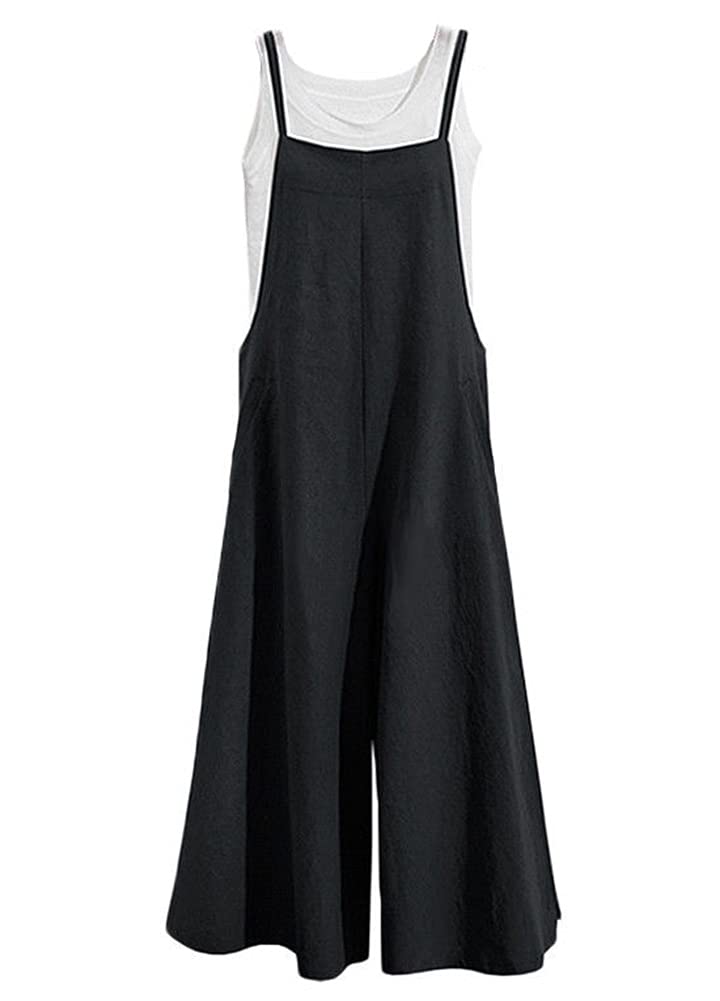 wowobjects Cotton and Linen Overalls Trousers Loose Solid Color Overalls Wide-Leg Pants Casual Jumpsuit | Color- Black | Size- 5XL-picture-11
