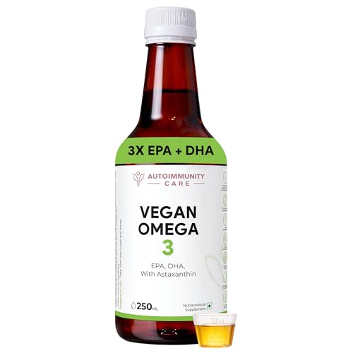 Autoimmunity Care Vegan Omega 3 Oil – Algae Oil Omega-3 with EPA DHA & Astaxanthin | Vegan Omega3 Supplement for Heart, Brain, Eyes, Skin & Joints | Better than Fish Oil | High EPA DHA | 250 ml (25 Servings)