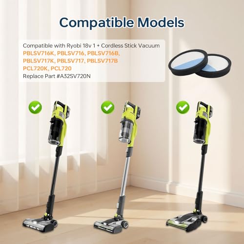 Image of 4 Pack 18V ONE + Cordless Pet Stick Vacuum Filter for Ryobi, PCL720, PBLSV716, PBLSV717 Stick Vacuum, Reusable Washable Filters, Compare to Part A32SV720N
