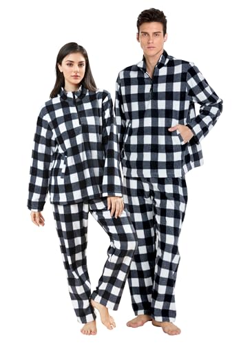 dressfan 2 Piece Unisex Plaid Pajamas Set,Quarter Zip Thermal Pajamas Pullover Christmas PJS Set for Family Couples