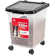 IRIS USA Airtight Dog Food Storage Container, WeatherPro, Up to 25 lbs, Removable Wheels, for Dog Cat Bird and Other Pet Food Storage Bin, Keep Fresh, Translucent Body, Made in USA, Clear/Black