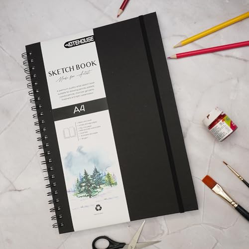 Image of Notehouse A4 Sketchbook Hard Bound Made for Artist 140 GSM Art Notebook (30x21 cm) | 80 White Unruled Pages | Thick Smooth Drawing Paper | Black Hard Cover