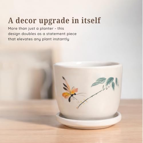 Image of Urban Upvan Green Leaf Design Printed Ceramic Pot with Tray - Premium Decorative Planter for Indoor & Outdoor Plants, Modern Elegant Flower Pot for Home, Garden & Office