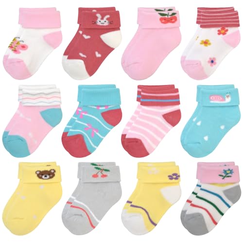 ZERULETS Baby Girls Socks Warm Thick 12 Pack Infant Toddler Socks for Baby Turn Cuff Socks Animal Cute Baby Winter Socks 6-12 Months