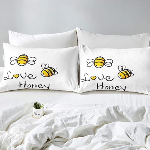 Loussiesd Love Honey Bedding Set Single Cute Bees Duvet Cover Beehive for Children Kids Boys Girls Comforter Cover Honeycomb Bright Vibrant Microfiber Bedspread Cover Bedclothes White Yellow - Image 2