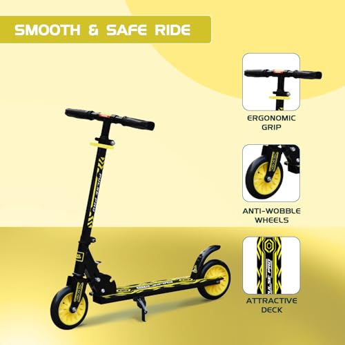 Image of Amazon Brand - Jam & Honey Kick Scooter | Foldable 2-Wheel Design with Rear Brake | 3-Height Adjustable Handlebar | BIS Certified | 50 kg Max Load | Neon Yellow | Ages 6-13 Years