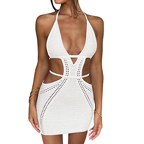 MYBFYABO Womens Halter Bodycon Mini Dress Sleeveless Tie Backless Hollow Out Corset Knit Dress Wrap Dress Summer Beach Dress (White S)