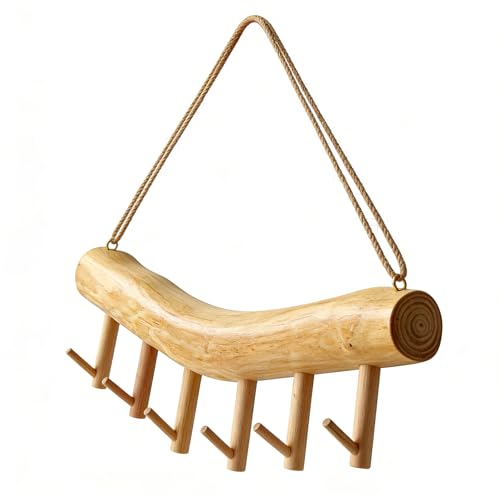 NUEKOELY 15.7-Inch Rustic Wood Wall Hanging Jewelry Organizer - Handmade Natural Wood Logs Branch Decor with 6 Hooks for Necklace, Earring, Bracelet Storage - Farmhouse, Cabin, Bathroom Home Décor