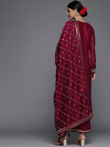 Image of Libas Womens Embellished Silk Blend Straight Kurta With Palazzos and Dupatta