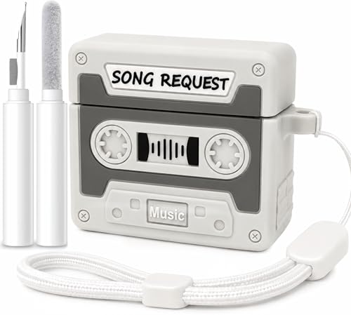 Coque AirPods 4 silicone gris retro cassette avec kit de nettoyage