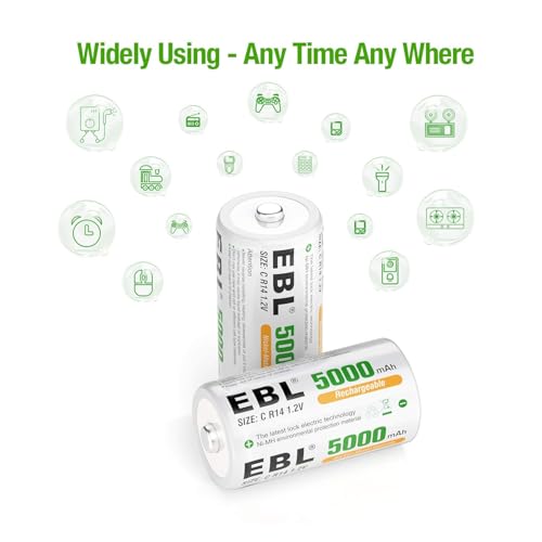 Image of EBL C Size Rechargeable Batteries, 1.2V 5000mAh High-Capacity Ni-MH C Cell Batteries - Long Lasting Power for Toys, Flashlights, Radios & More, Pack of 2 (C2)