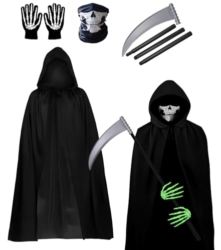 Shyllin Disfraz de Parca Adulto, Disfraz de Muerte con Capa Negra con Capucha, Máscara de Esqueleto, Guantes, Guadaña, Disfrazs de Halloween Fantasma para Carnaval Halloween Cosplay