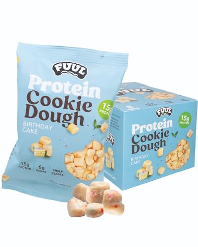 FUUL Protein Cookie Dough, Birthday Cake Flavor, High Protein Bites, Low Sugar Snacks for Kids & Adults, Pre Workout & Post Workout Snacks, Shelf Stable, 15g per Bag, Pack of 8