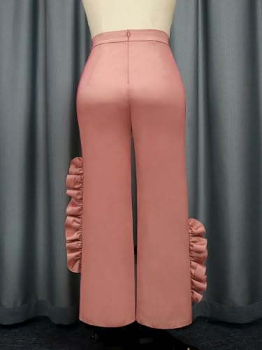 AOMEI Women's Pink Shiny High Waist Ruffled Trim Pants Straight Leg Bottoms Trousers4