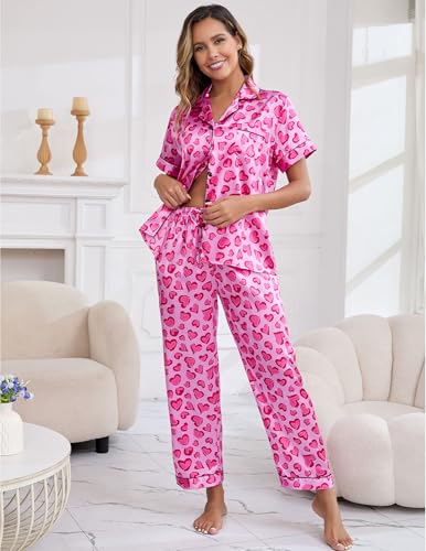 Image of UMBY Silk Satin Pajamas for Women Set 2 Piece button down Soft Silk Pjs Sets Cozy Silky Pajama Short Sleeve