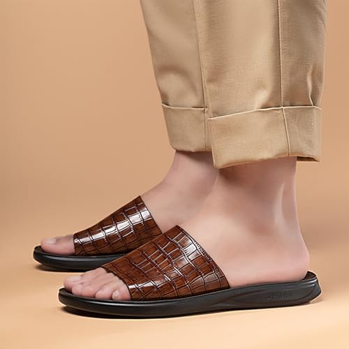 Image of Men's Print Genuine Leather Flat Slides Sandals Round Open Toe Non Slip Outdoor Slip On Casual Flats Slippers Lightweight Beach Summer Sandals