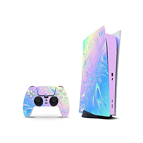 PS5 Digital Skin for Console and 2 Controllers by ZOOMHITSKINS, Same Decal Quality for Cars, Blue Pink Water Flow Magic, Durable, Bubble-free, Compatible with PS5 W Disk, Made in the USA