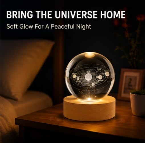 Image of Crystal Ball Night Light with Wooden Base, 3D Crystal Ball Night Lamp Touch Control LED Lamp, Bed Side Table Lamps for Bedroom, Table Lamp for Study Room, Home Decoration Items (Solar System)
